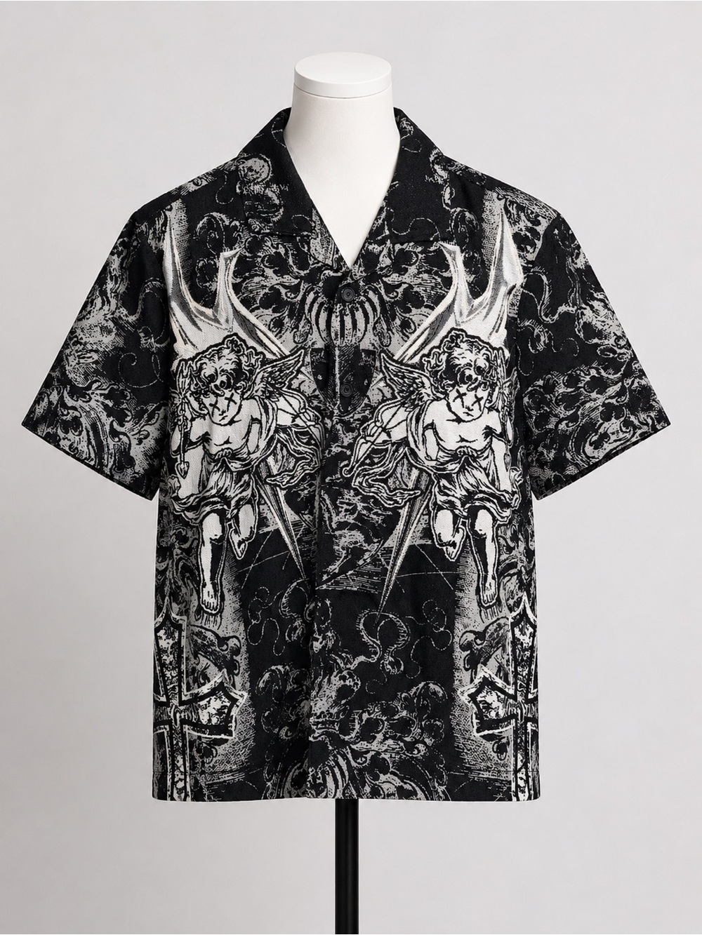 Rebel Vengeance XXL Black & White Cherub Angel Gothic Graphic Button-Up Shirt